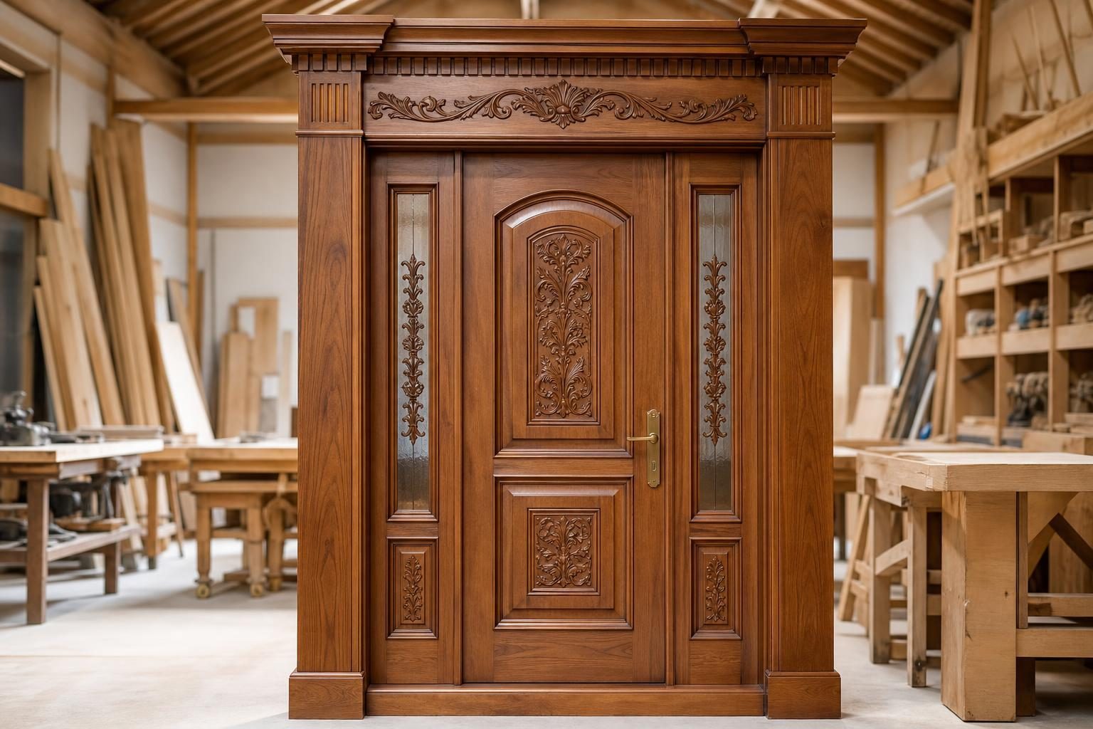 Carved wooden door for a home entrance