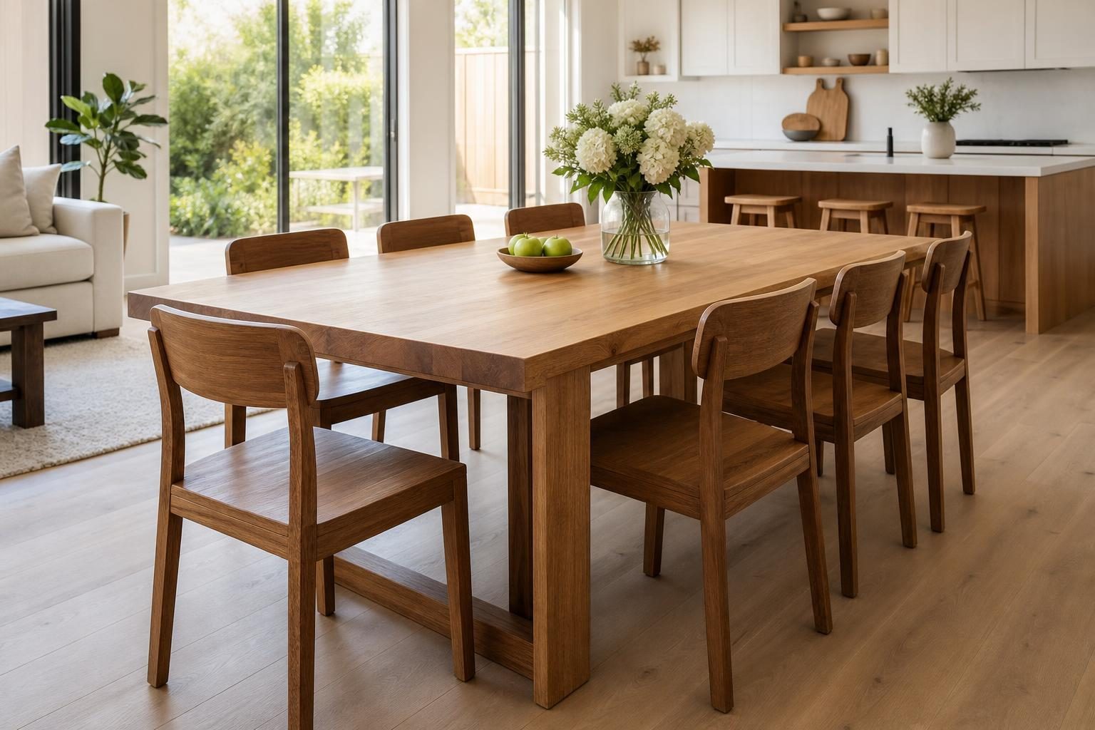 Solid wood dining table in a bright room