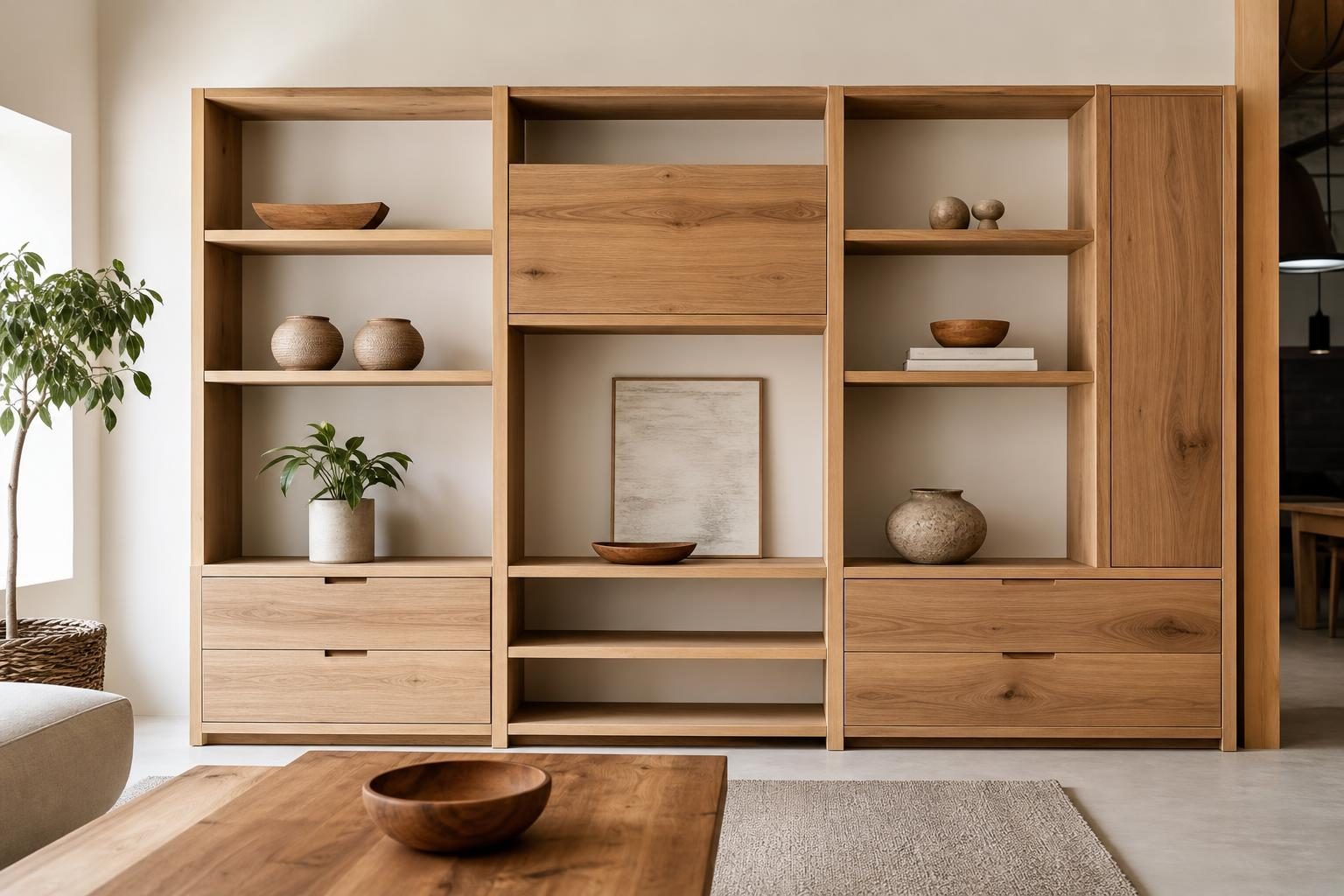 Wooden shelving unit against a wall
